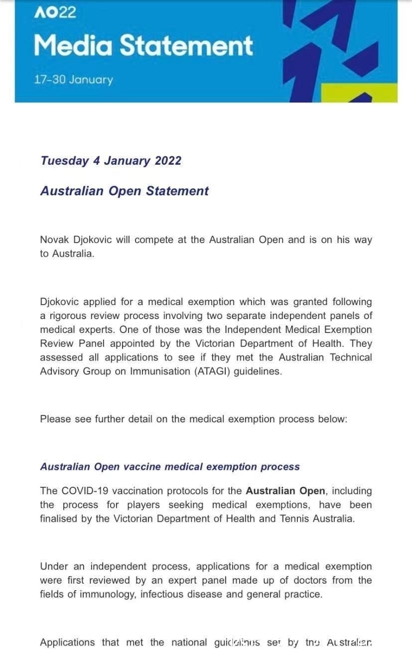 澳網(wǎng)|赴澳衛(wèi)冕澳網(wǎng)冠軍 德約科維奇拿著“醫(yī)療豁免許可”卻被拒絕入境