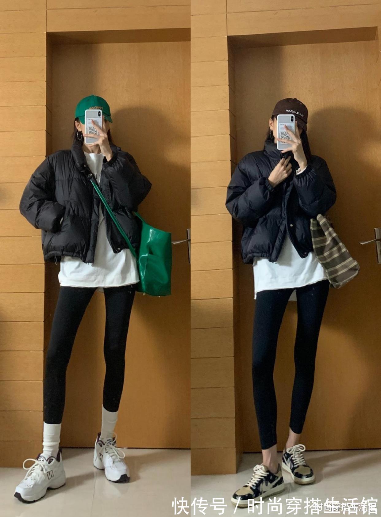 街拍 羽绒服+鲨鱼裤=2021年王炸组合,时髦显瘦又高级,冬天穿很好看?