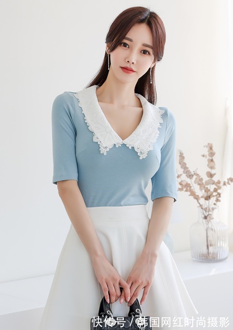 搭配|女神孙允珠高清时尚搭配:欧若拉蓝蝶纤墨娃娃领拼搭裙