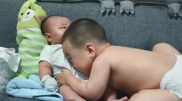 竞争感|2岁哥哥想抱抱弟弟,弟弟“吨位”太重抱不动,接下来画面真萌