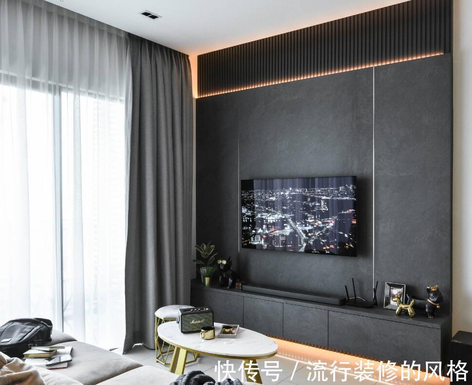 床尾|111㎡用黑白灰装出大宅范,岩板和灯带的碰撞,不小心溢出高级感