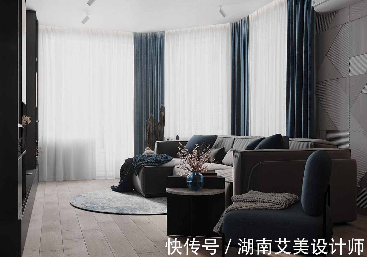 灰色|198平软装设计,深蓝色与灰色的碰撞