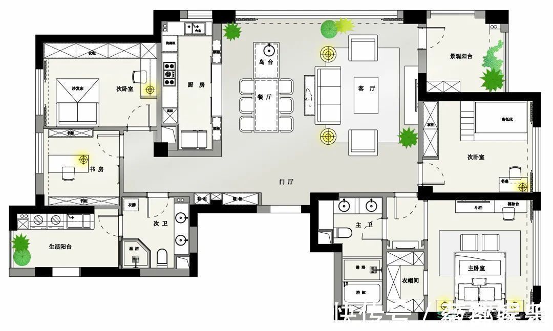 装修|206㎡大户型装修案例：超大横厅+衣帽间+景观阳台，神仙配色 心动