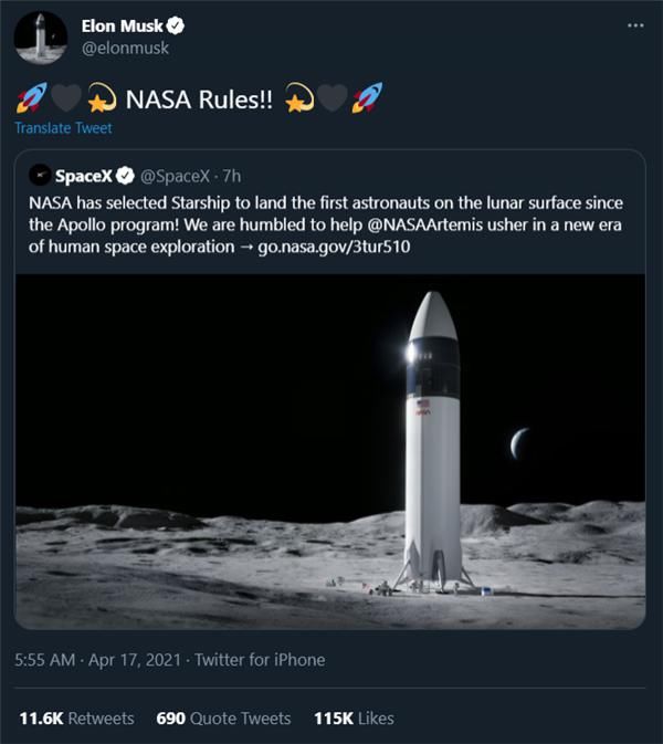 赢了!马斯克击败两大强敌 Space X独揽NASA登月189亿元登月大单