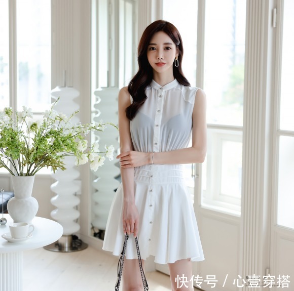 孙允珠|女神孙允珠高清时尚搭配:光系梦幻牛奶萱白无袖衬衣裙