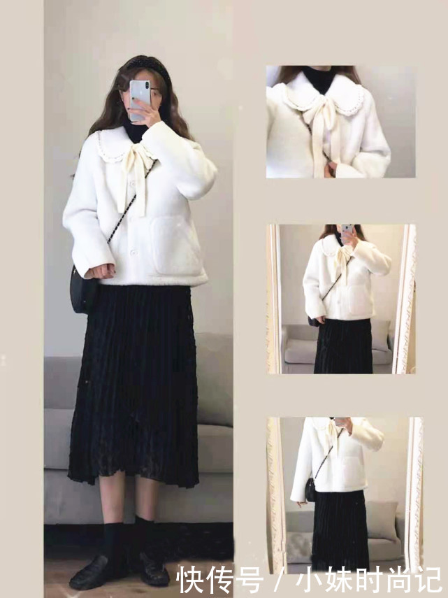 深色系演绎的甜美范儿,很有冬日韩系穿搭韵味,温暖还不臃肿