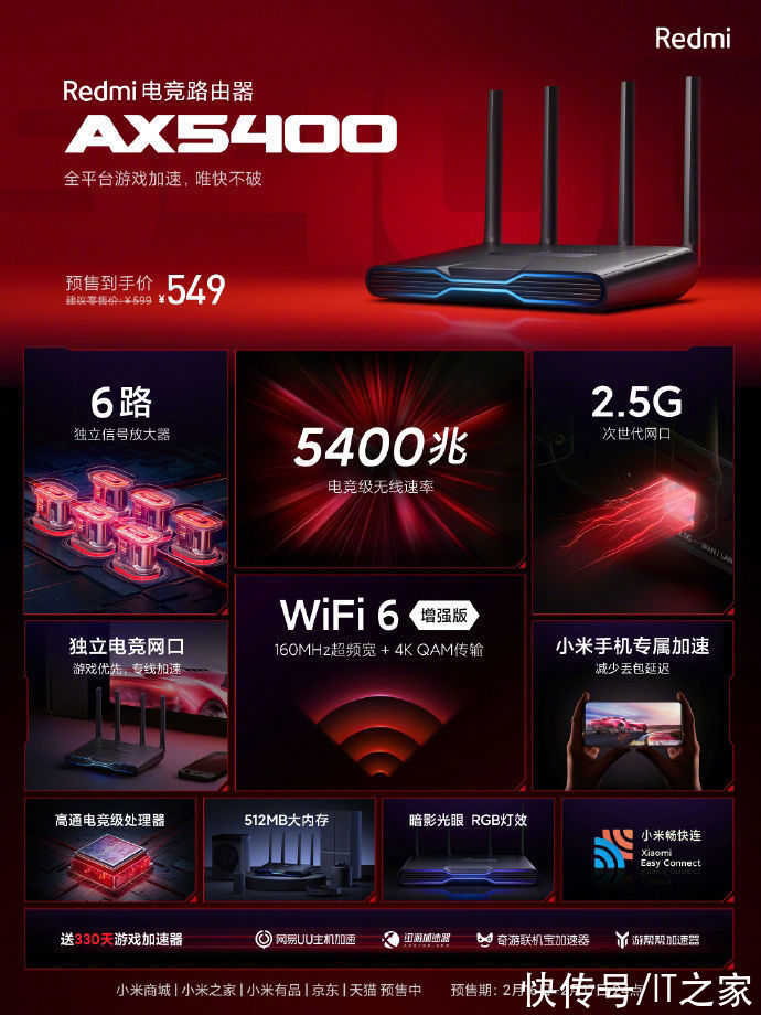 Redmi电竞路由器AX5400今日开售：5400兆无线速率、独立电竞网口