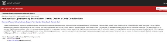open研究人员：由微软GitHub Copilot自动生成的代码中，有40%存在漏洞