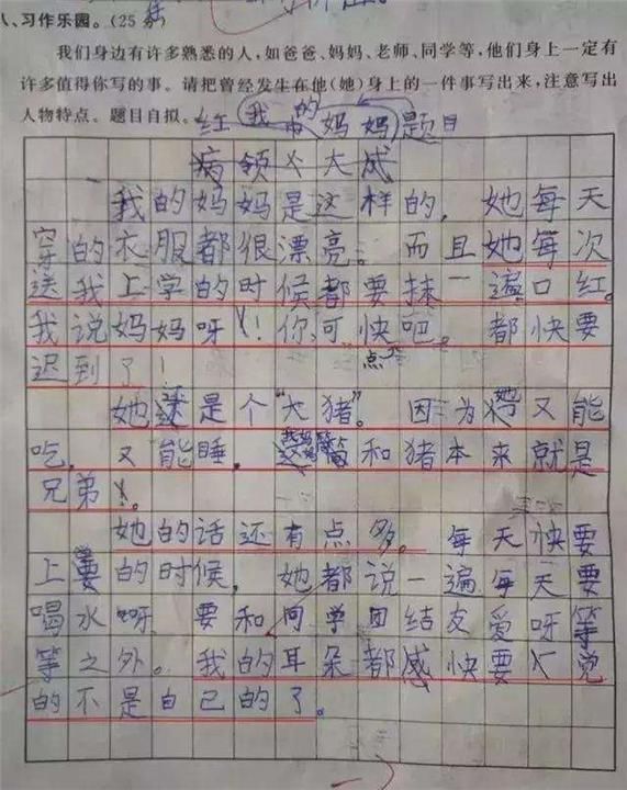 小学生作业“我的妈妈”获满分，奇趣横生逗乐老师：别让你妈知道