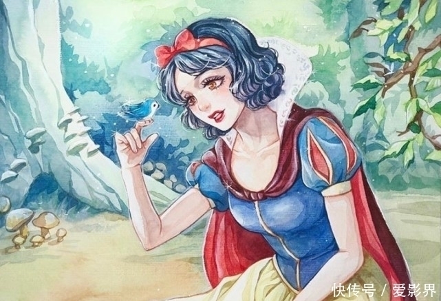 画师@画师手绘水彩迪士尼公主，木兰举剑飘丝发，贝儿捧书展悦容