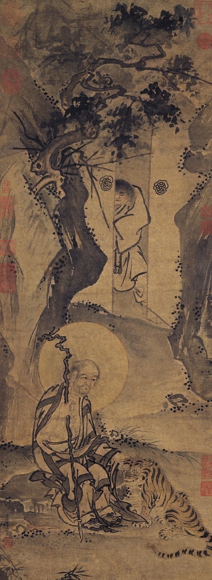 罗汉图！700年前的古画，疑似出现穿越中的老虎，画中老人表情更奇怪