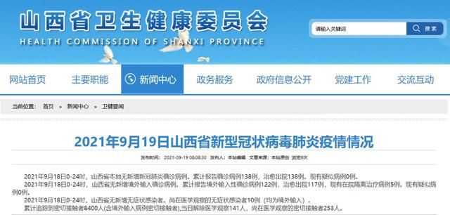 山西省|2021年9月19日山西省新型冠状病毒肺炎疫情情况