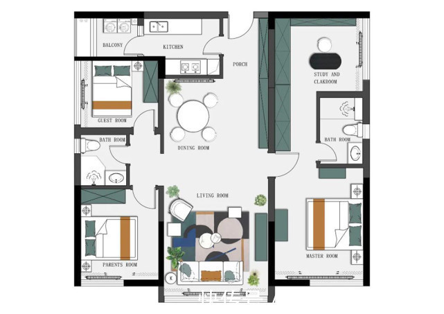衣帽间|135平现代风四居室，复古绿与暖灰拼接墙面更加灵动有趣