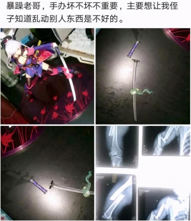 手办|熊孩子毁坏叔叔手办，惨被打到骨折，亲情和手办谁更重要？