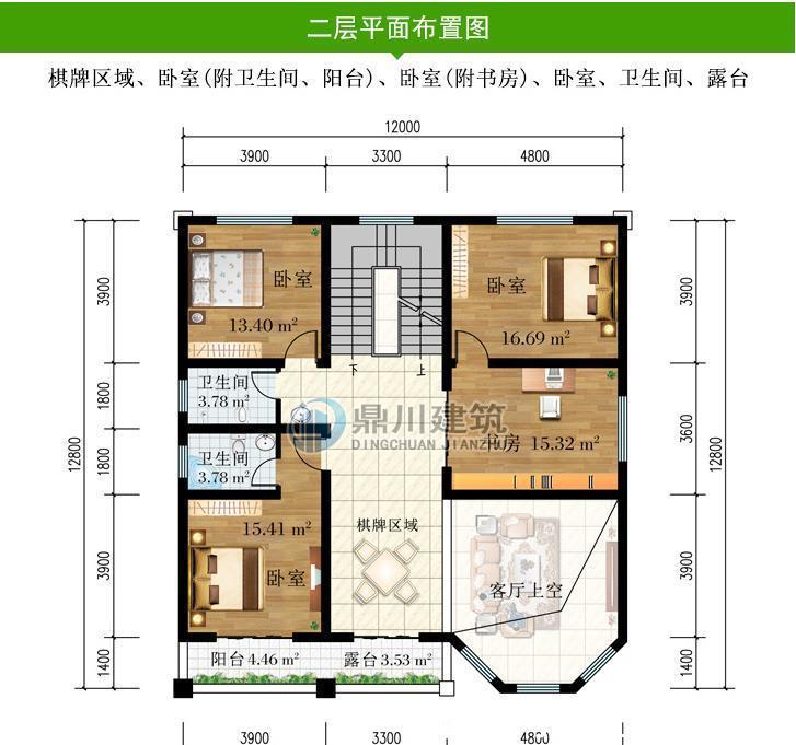 别墅|12×12.8米，三层农村别墅，复式挑高客厅，宽敞屋顶露台