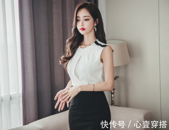 孙允珠|女神孙允珠高清时尚搭配：单调乳白钻黑撞色休闲无袖裙