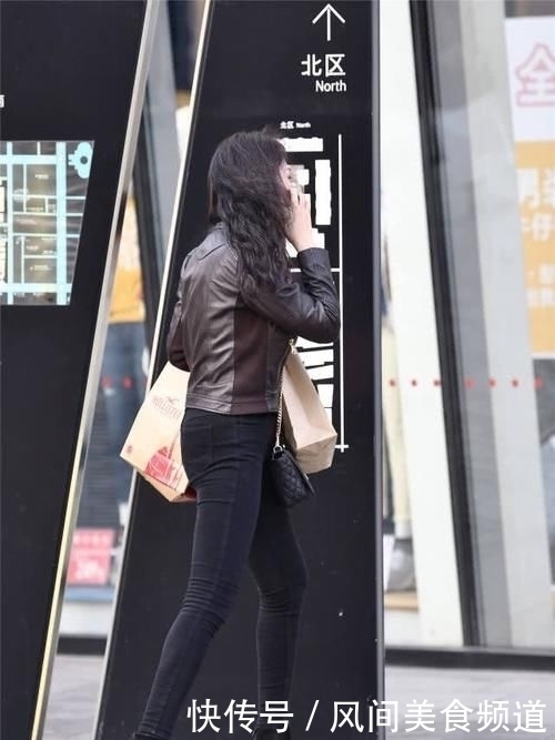 黑色紧身牛仔裤,身材微胖的姑娘穿着更有型,短款皮夹克更显气质