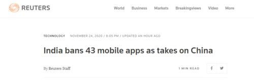 中国企业|外媒：印度再对43款应用程序颁布禁令，多数来自中国