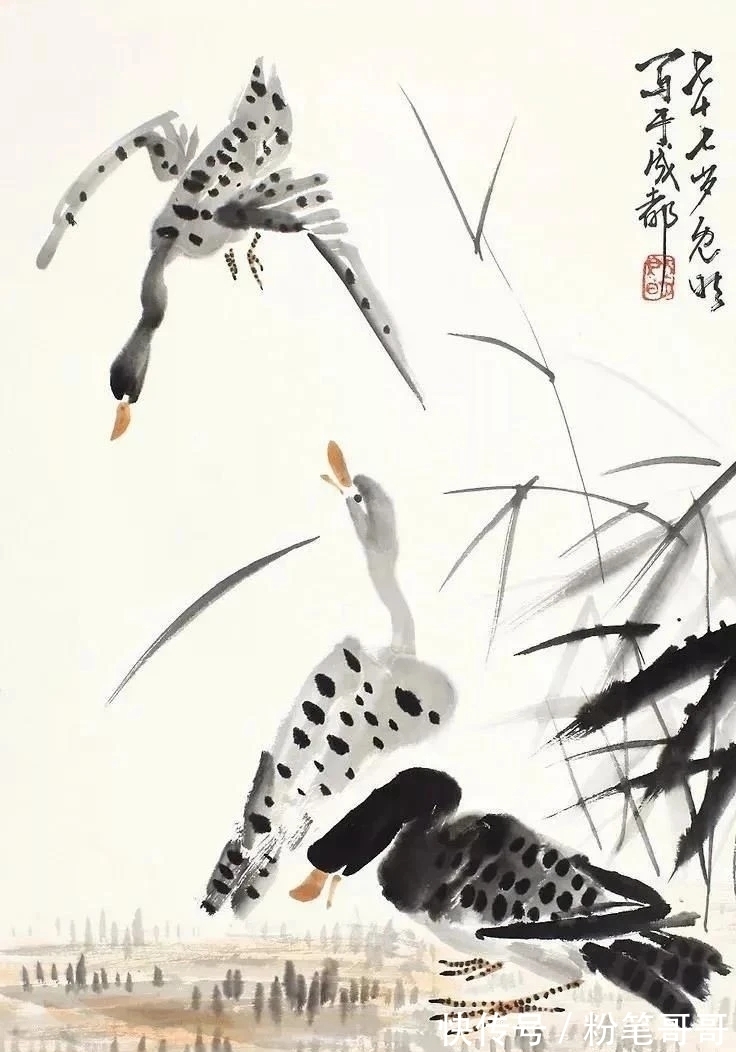 花鸟画@近现代四川水平最高的花鸟画家之一|刘既明画芦雁