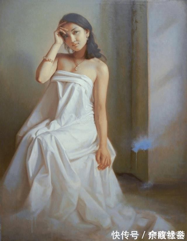 绘画@年轻画家人体油画中的美艳少妇,身披薄纱,难掩玲珑曲线