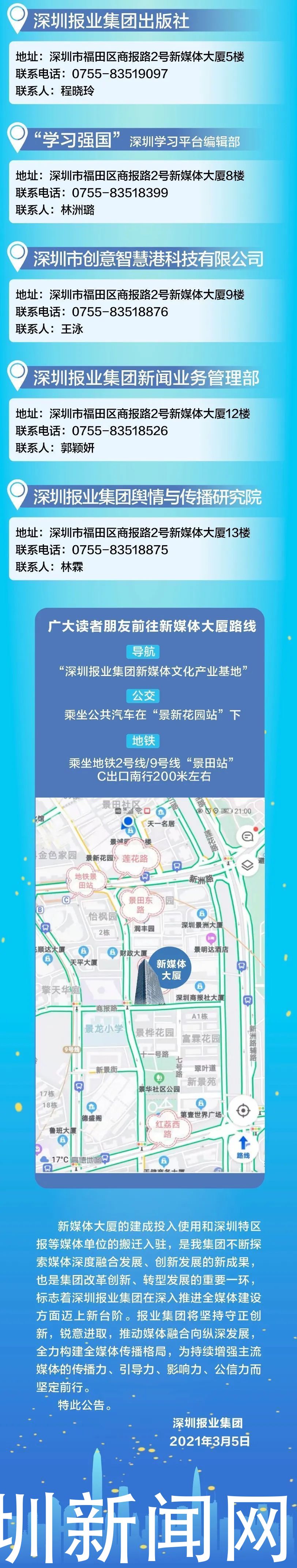 深圳特区报、深圳商报、深圳晚报、晶报、深圳新闻网等搬迁新址公告
