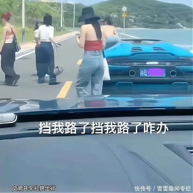 6park Com 5名女子在马路上与豪车合影 挡了后边车辆的路 按喇叭也不让路