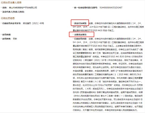 手续|佛山卓滨地产公司违法施工遭处罚 大股东为卓越集团