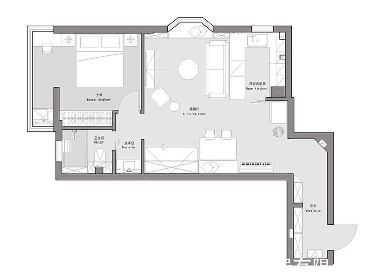 卫生间|58㎡一居室拥有超大厨房+超长玄关，尽显不一样的现代轻奢风