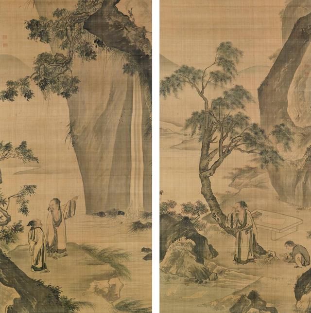 观鹅观瀑|(清)无款:唐伯虎观鹅观瀑双幅