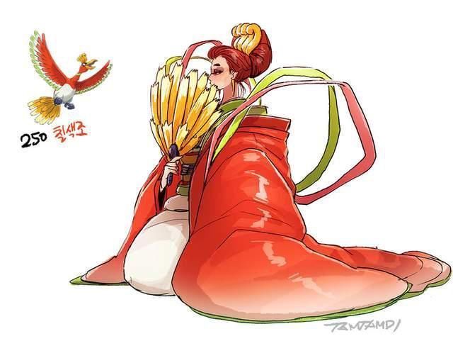 神兽宝可梦拟人化后，凤王酷似贵妇人，火焰鸟则是异域公主