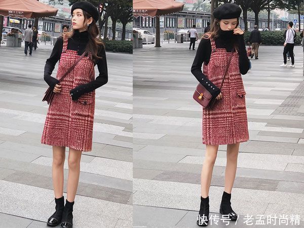 秋冬季背带裙内搭个针织衫或者衬衫,青春又减龄