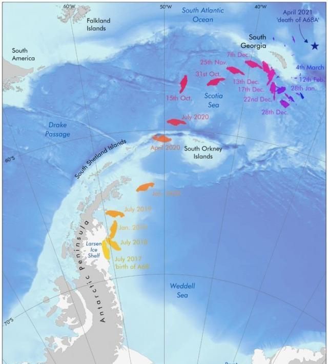 巨型冰山A-68a在到达南乔治亚岛前分裂