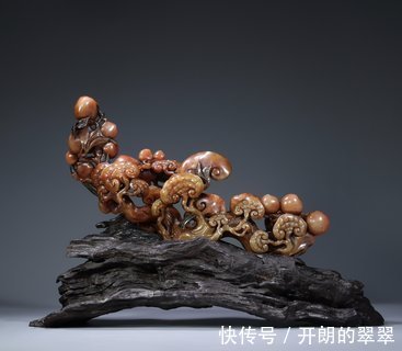 天工奖#清代寿山桃花石雕·寿桃林芝如意摆件