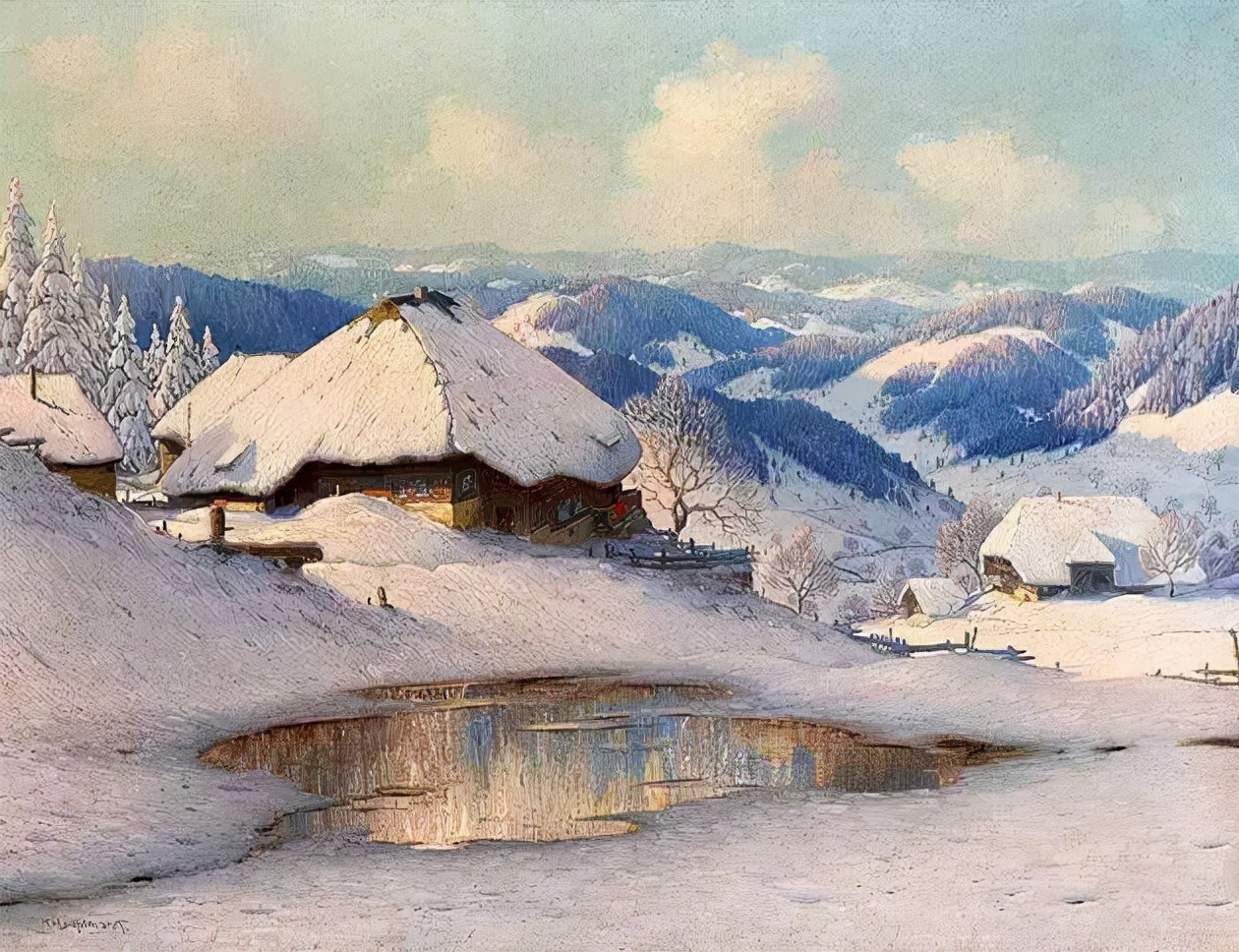 油画$德国画家Karl Hauptmann风景油画作品，用画笔见证美丽的雪景。