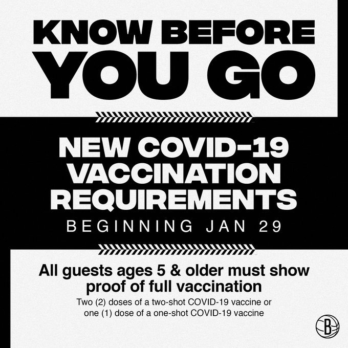 疫苗|篮网官方：1月30月起需凭借疫苗接种证明才能入场观赛