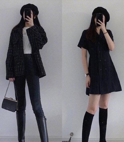 上下穿一身黑, 无论裙装还是裤装, 都能展现出早春气息