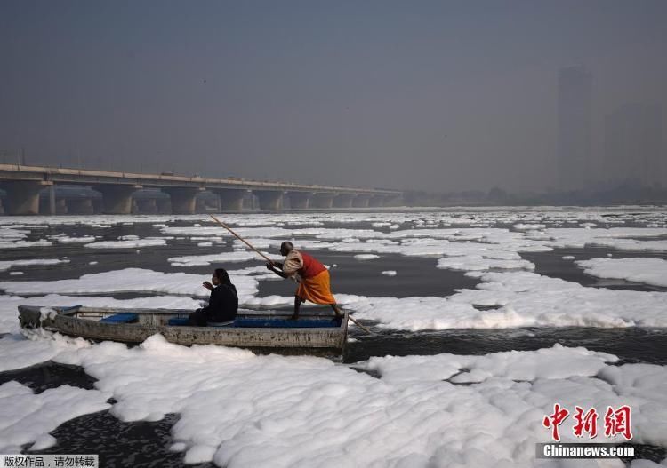 亚穆纳河|印度新德里河流遭污染 河面覆满白色泡沫