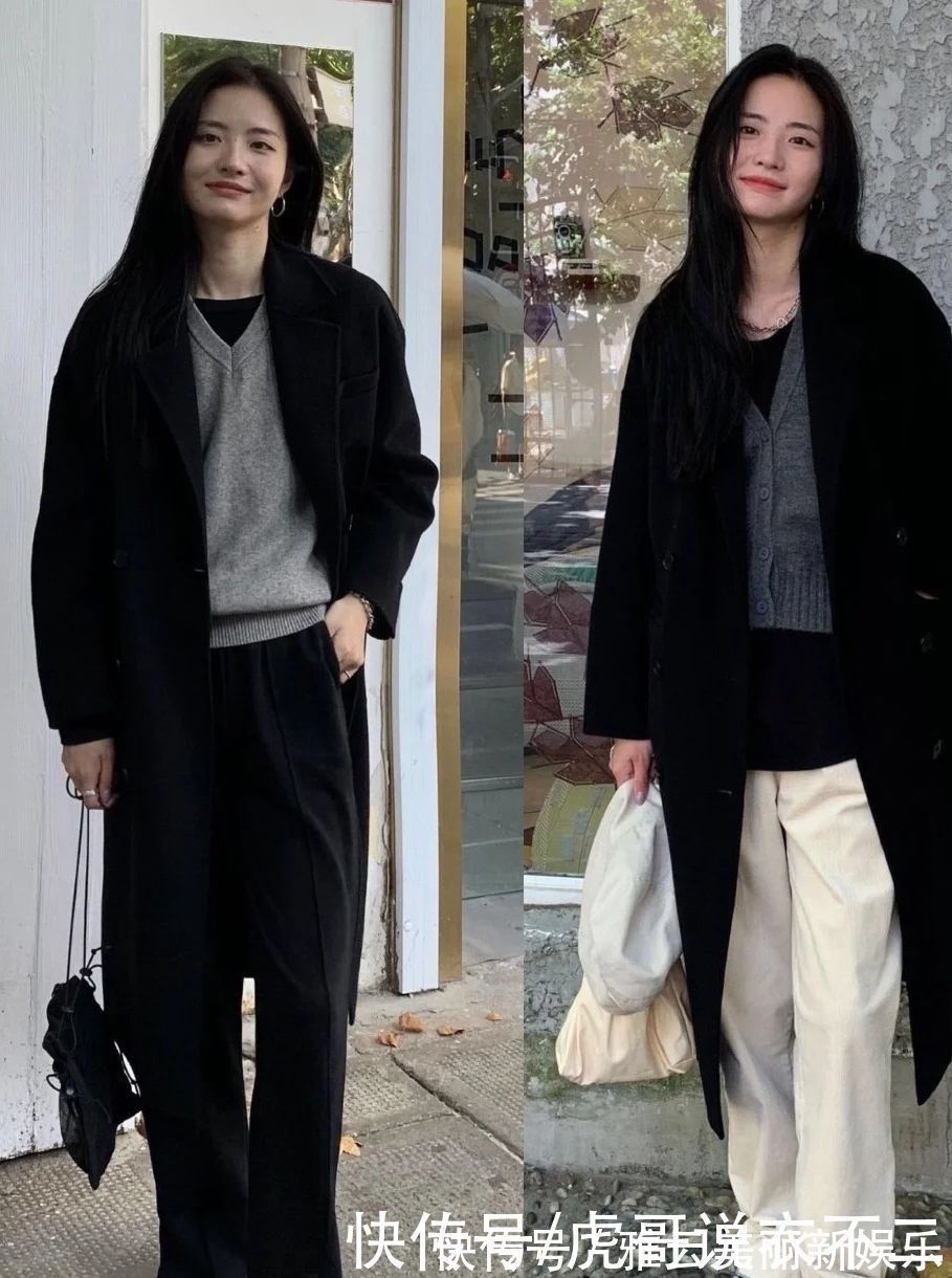 卫衣 大衣在配不在多,学韩国博主一衣多穿,一件黑大衣一周穿搭不重复