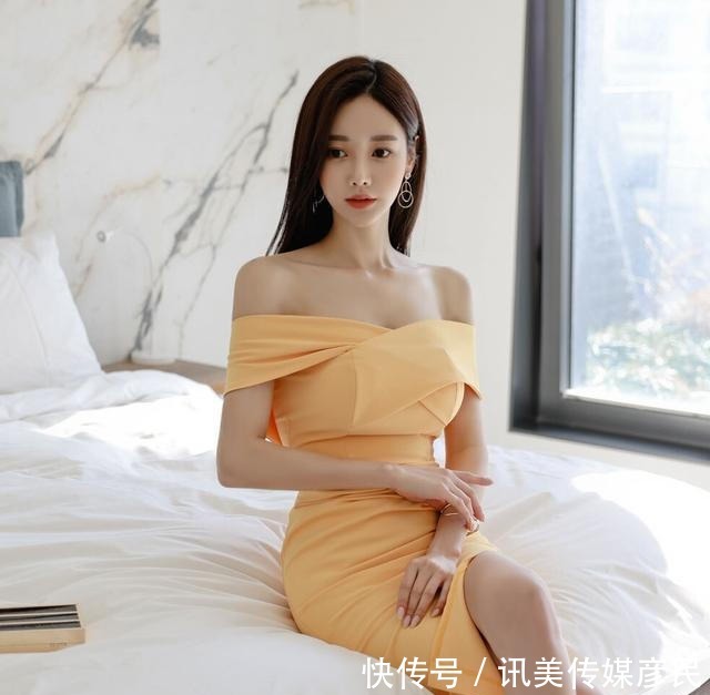 孙允珠时尚穿搭:柠檬浅黄交错搭肩斜纹连衣裙