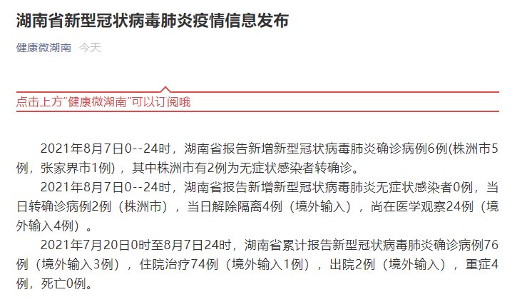 张家界|湖南昨日新增确诊病例6例 其中株洲5例张家界1例