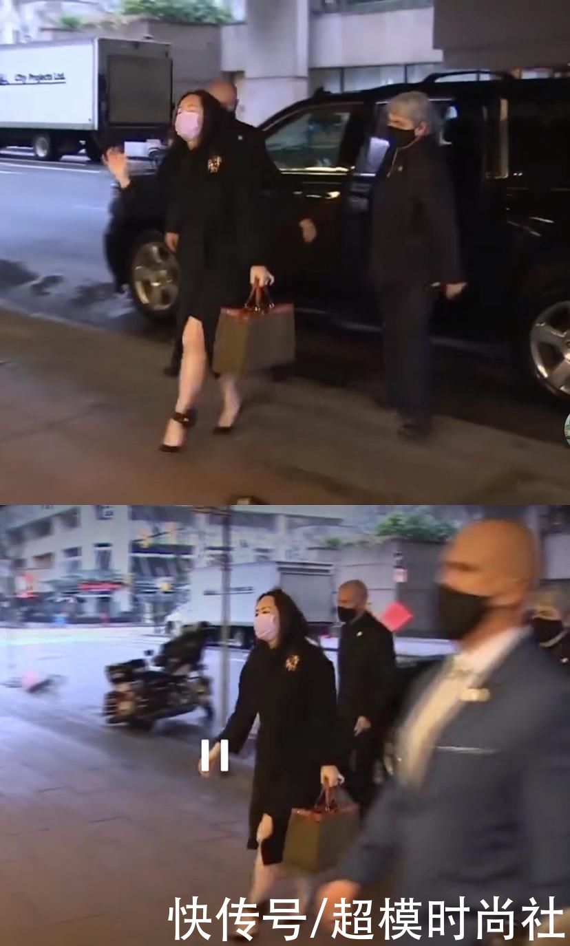 孟晚舟穿黑色大衣低调现身，戴钻石烟火胸针，气场变得自信张扬