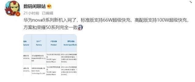 5g|华为nova9系列入网：鸿蒙系统＋100W闪充+索尼IMX766，预计2699元