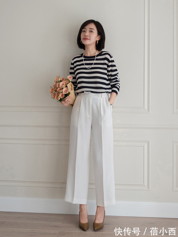 直筒裤|40岁女人选裤子“穿白不穿黑”,借鉴这一组搭配要点,优雅又体面