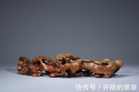 天工奖#清代寿山桃花石雕·寿桃林芝如意摆件