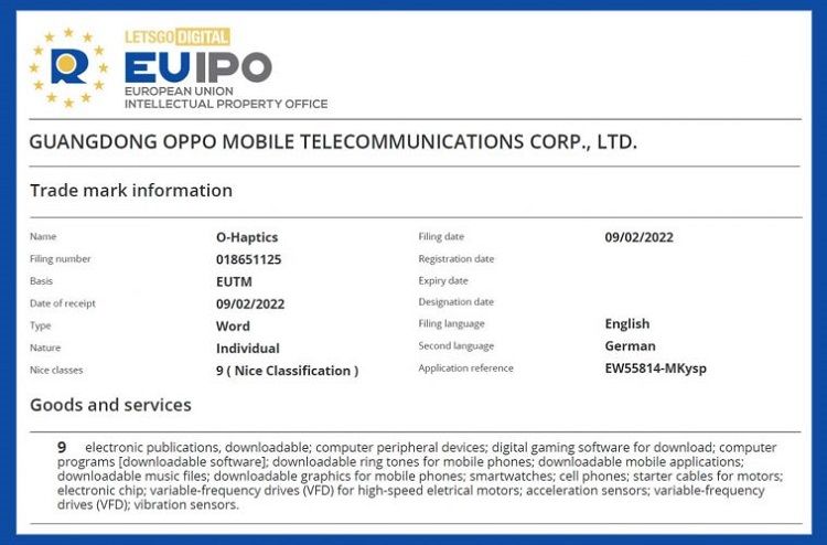 手机|OPPO 的O-Haptis商标曝光，可改善游戏震动反馈，或将用于Find X5 Pro