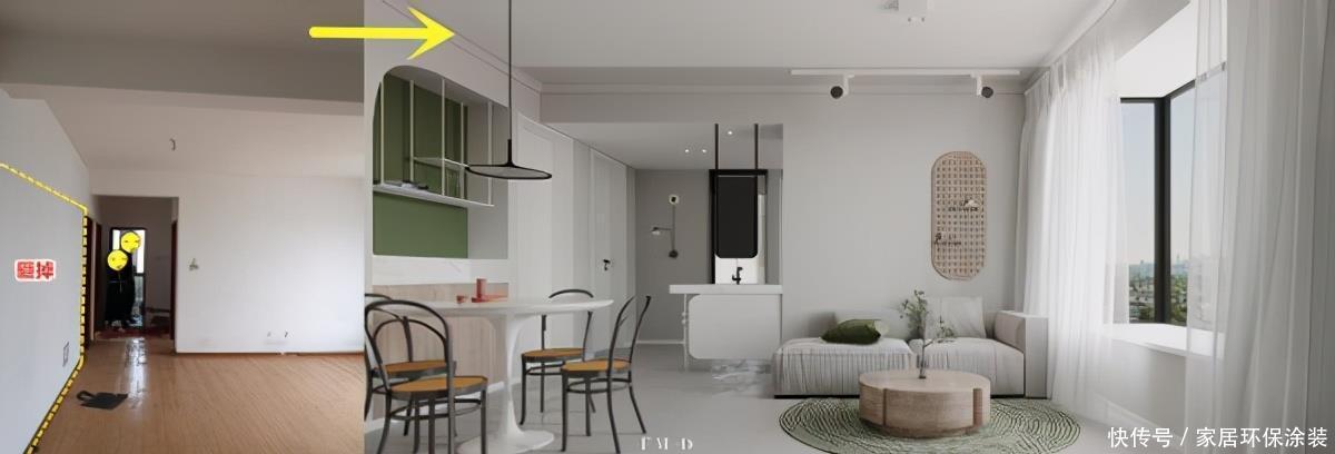 砸24分墙做内嵌弧形餐边柜,收纳又能隔断,