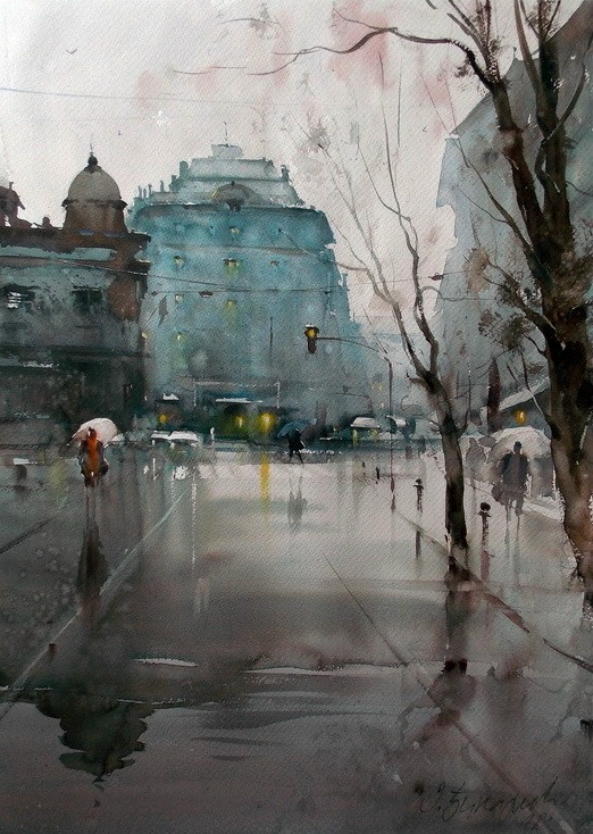 水彩画!水染的建筑与街道,塞尔维亚水彩画大师Dusan Djukaric作品(一)