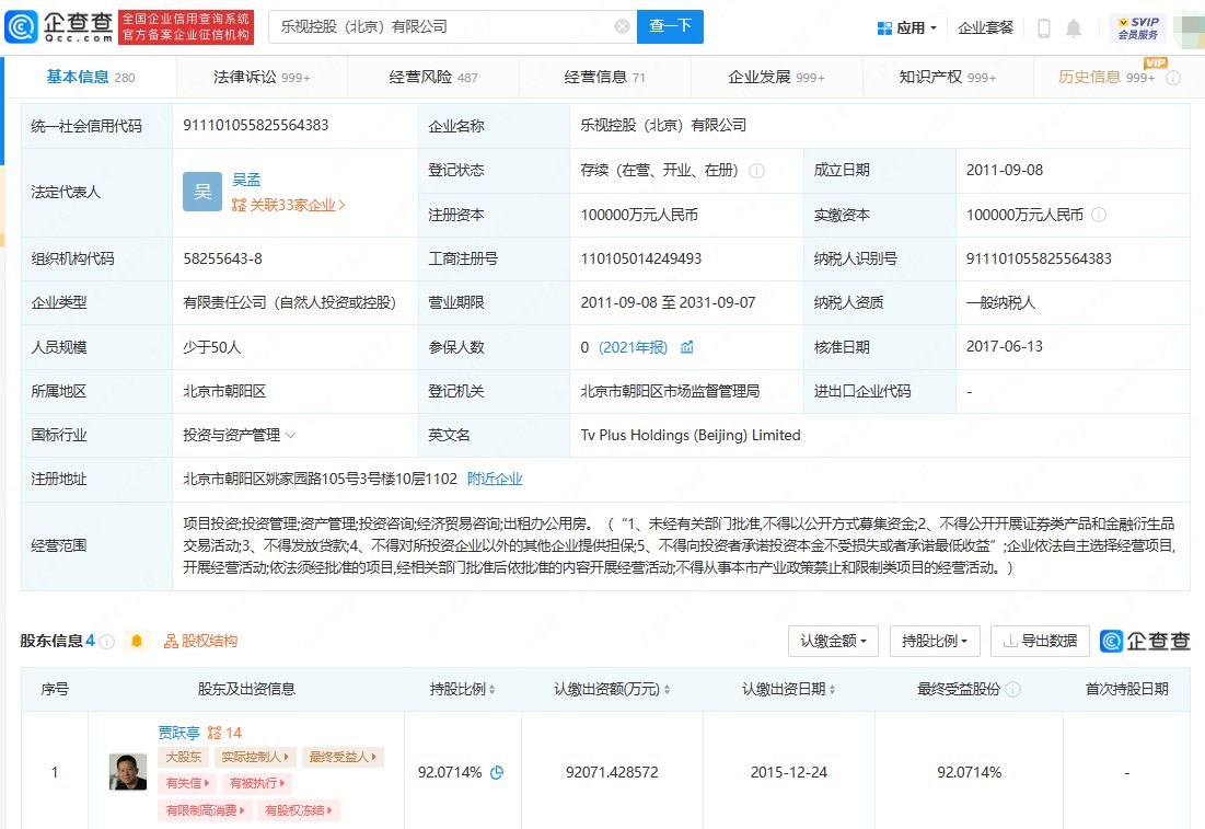 乐视控股等被强制执行6174万，累计被执行超22亿