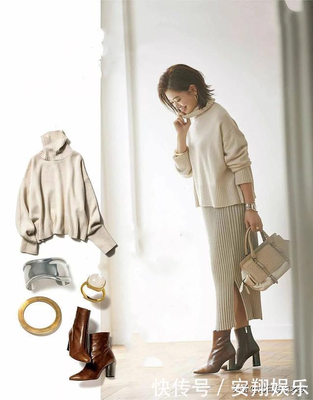 女人过了40岁,少穿黑裤子!日式新穿法:毛衣+裙子,又美又嫩