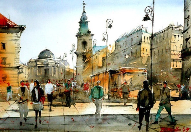 水彩画@波兰水彩画家拉法尔的街市景观画,耐看!